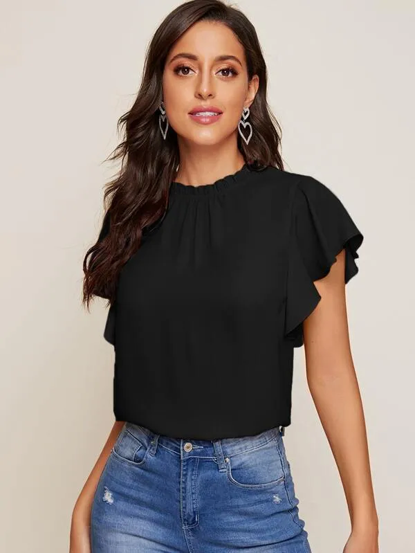 Frill Neck Butterfly Sleeve Top