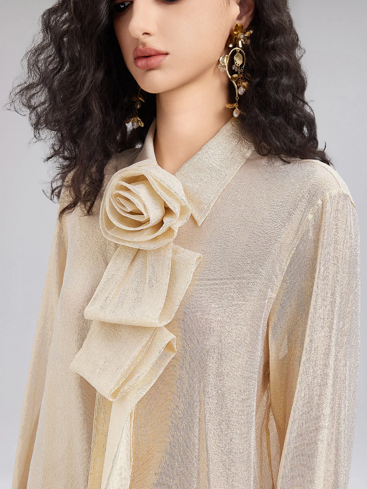 Golden Mulberry Silk Flower Bow Blouse