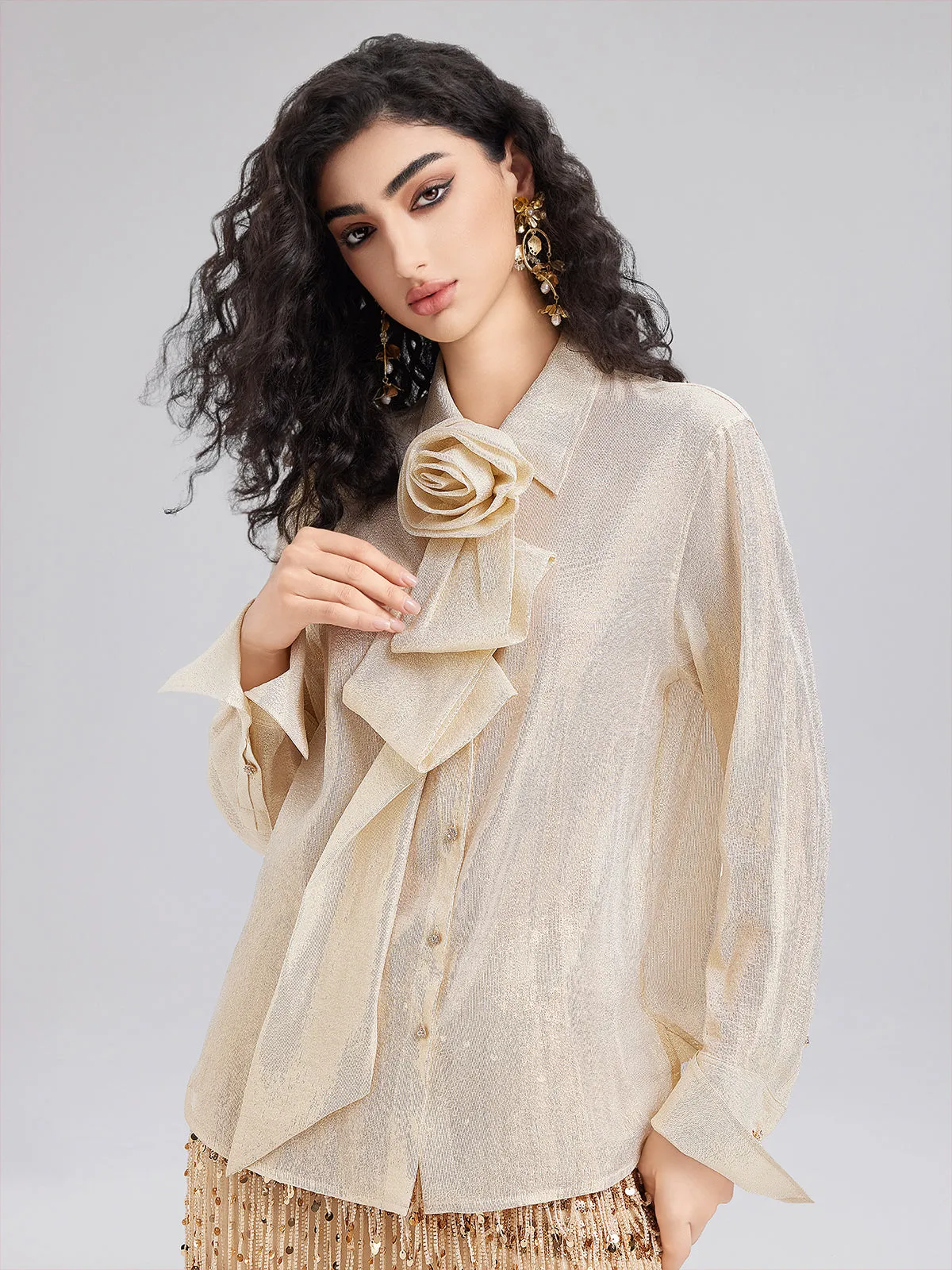 Golden Mulberry Silk Flower Bow Blouse