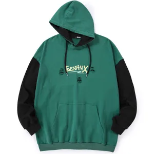 Green Color Block Print Pullover Hoodies