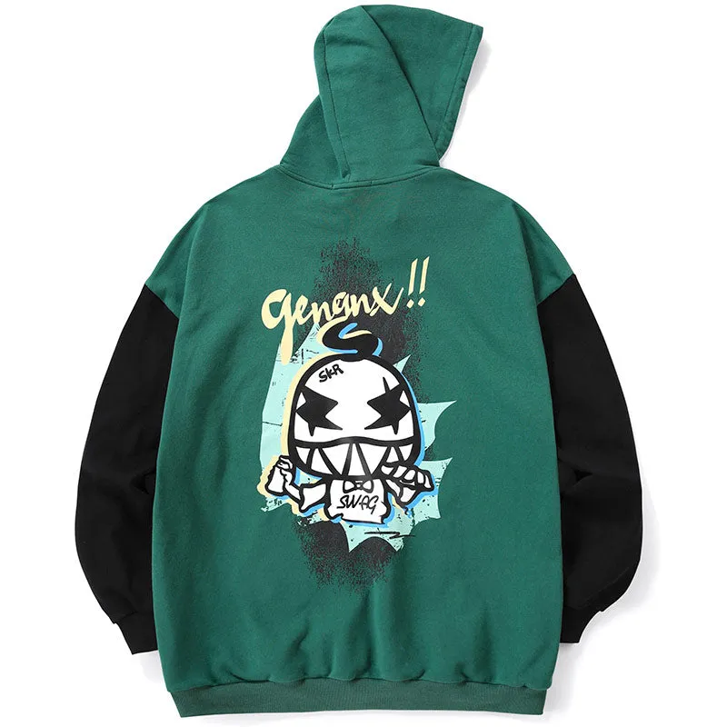 Green Color Block Print Pullover Hoodies