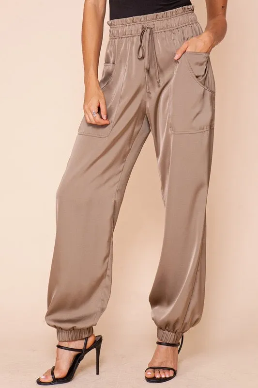 Harlow Satin High Waisted Jogger- Taupe Olive