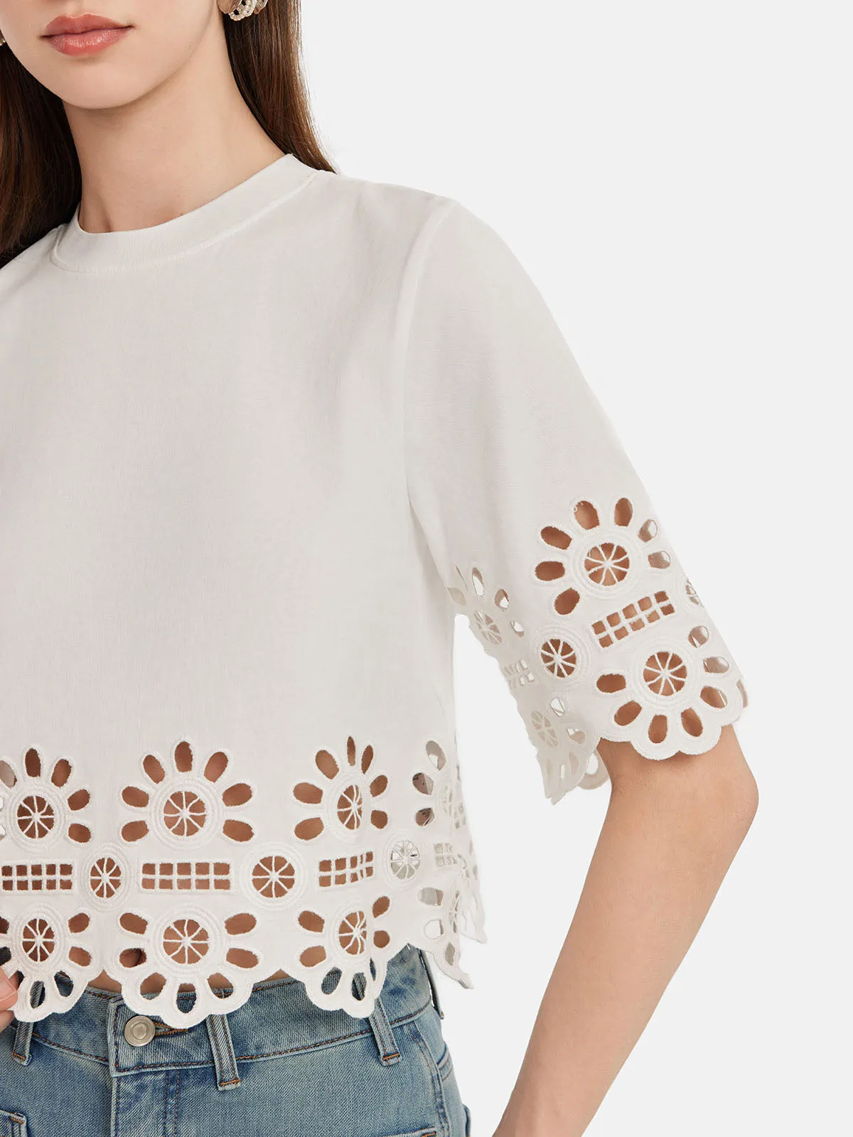 Hollow Embroidered Round Neck T-Shirt