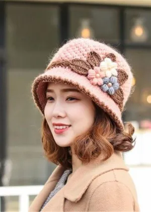 Knitted Women Autumn And Winter Classic Flower Plush Bucket Hat