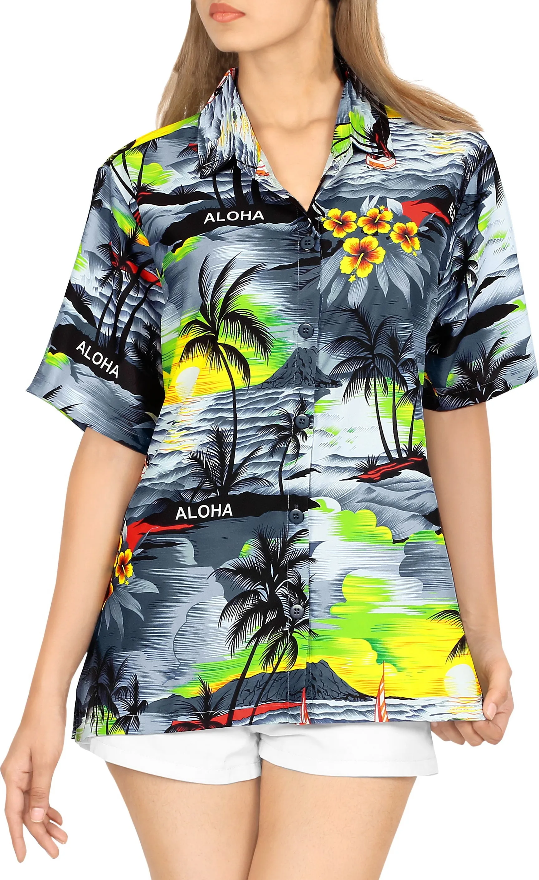 LA LEELA Women's Breezy Tropical Hawaiian Blouse Swim Beachwear Short Sleeve Collar Shirt Palm Leaf Grey