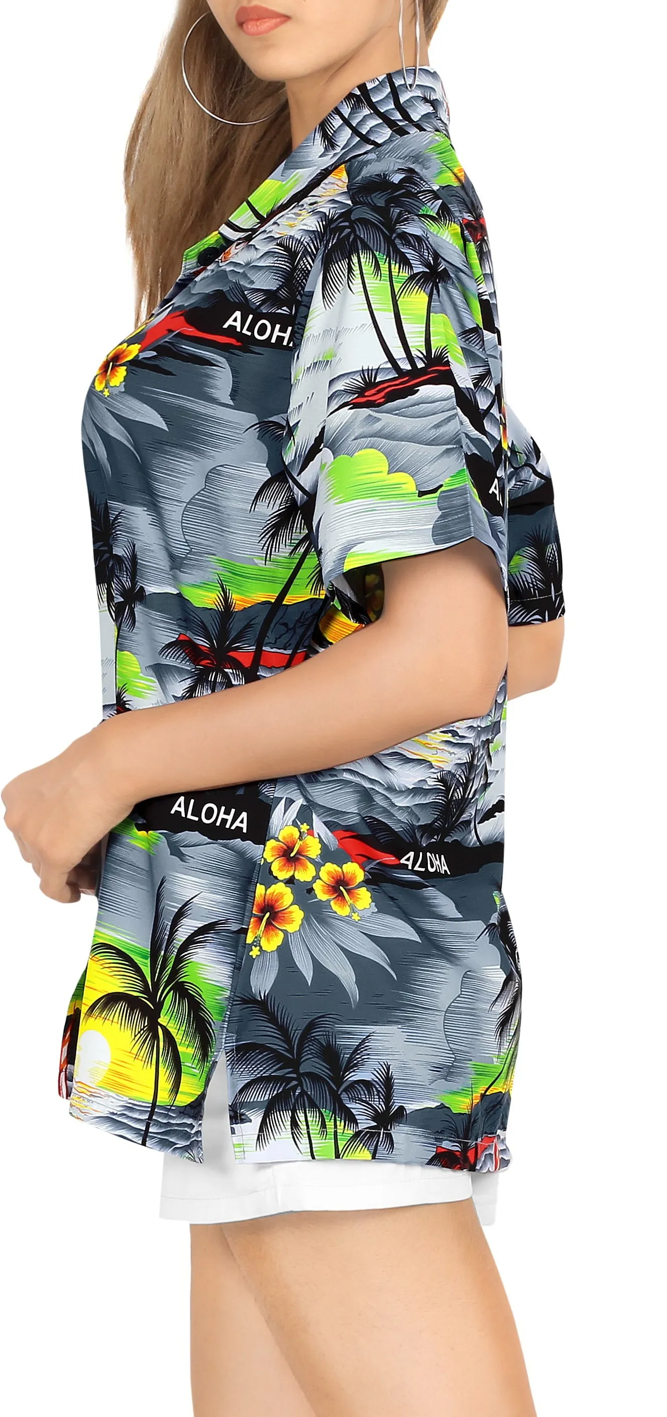 LA LEELA Women's Breezy Tropical Hawaiian Blouse Swim Beachwear Short Sleeve Collar Shirt Palm Leaf Grey