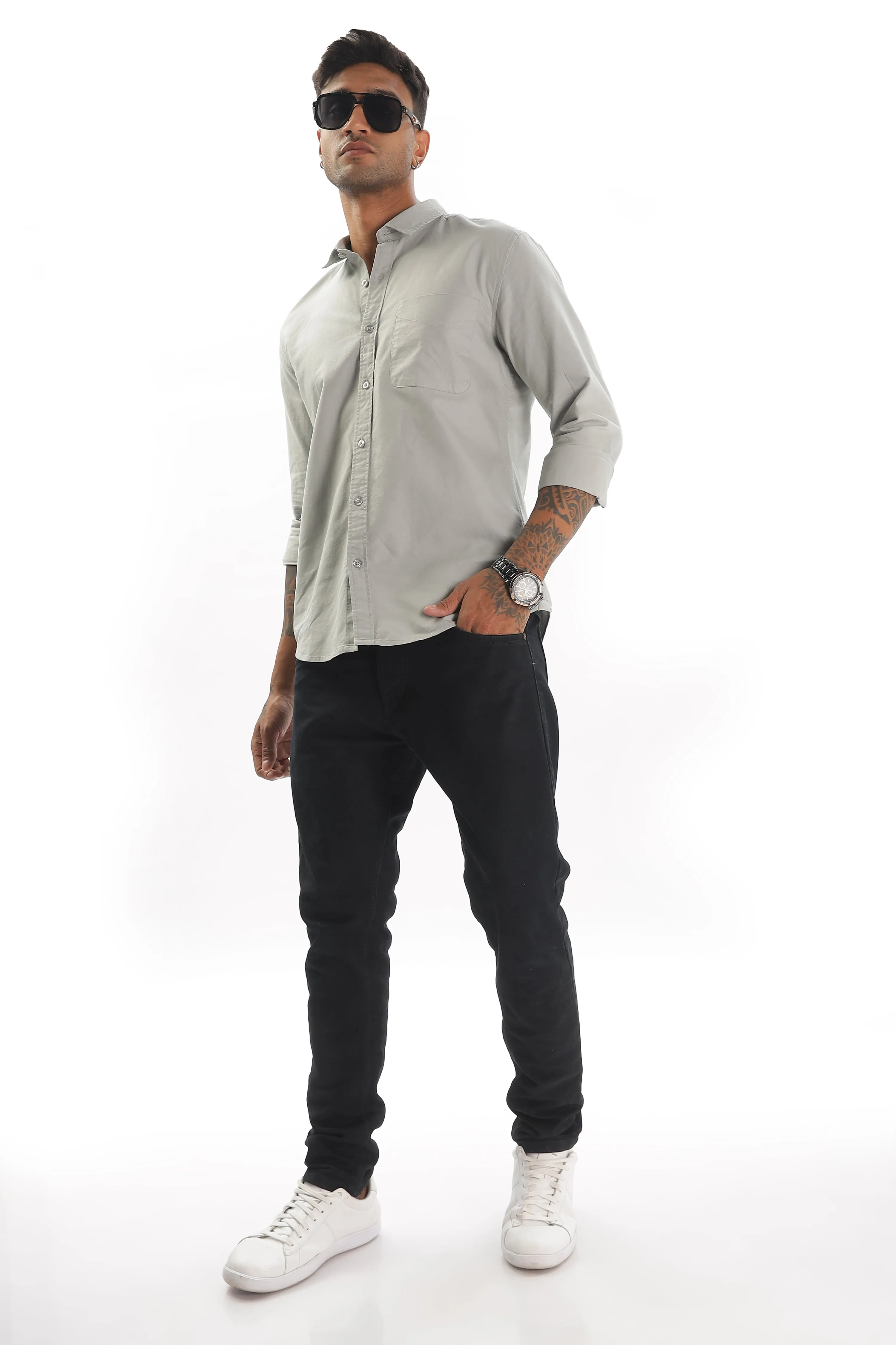 Light Gray Regular Fit Plain Full Sleeve Shirt