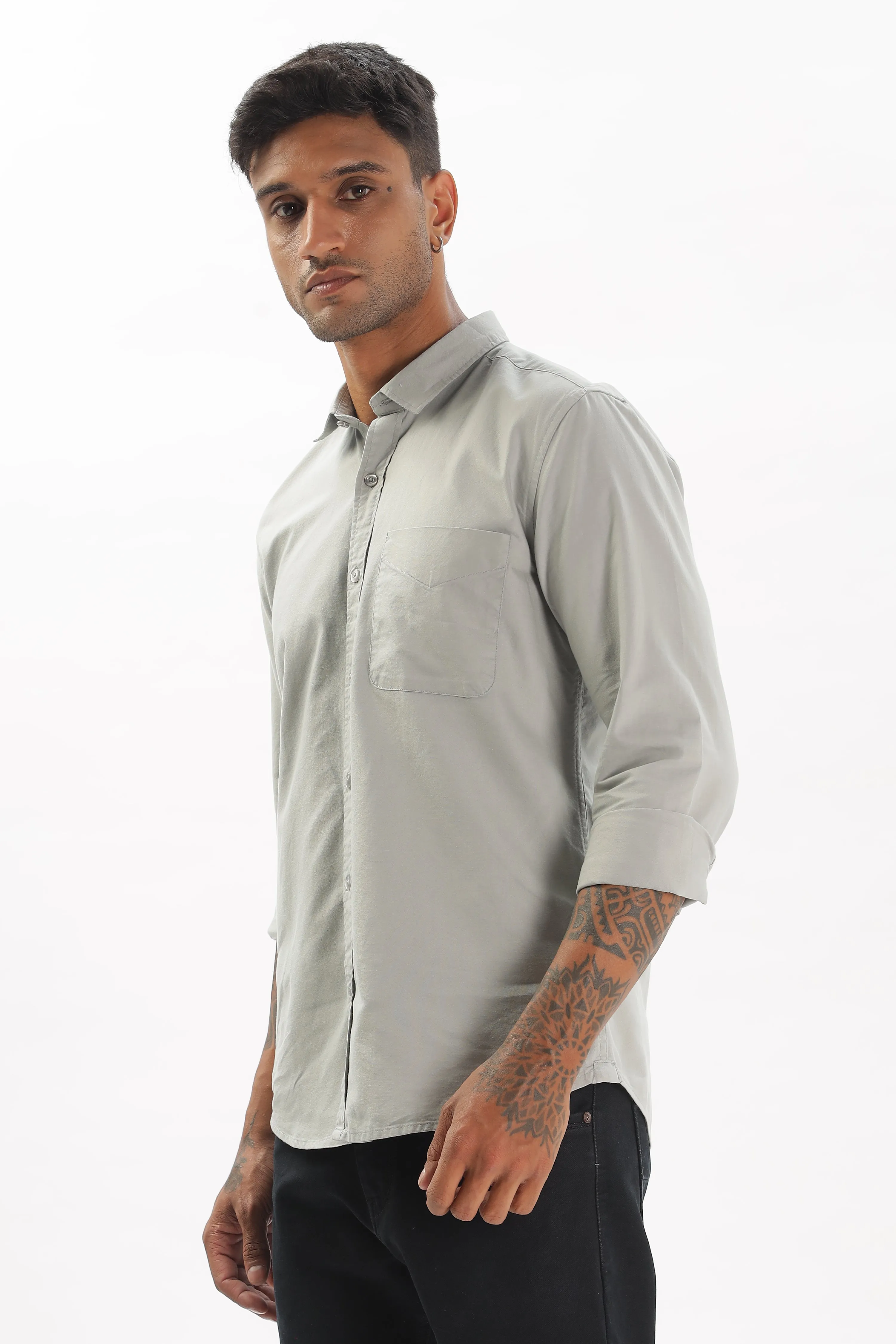 Light Gray Regular Fit Plain Full Sleeve Shirt