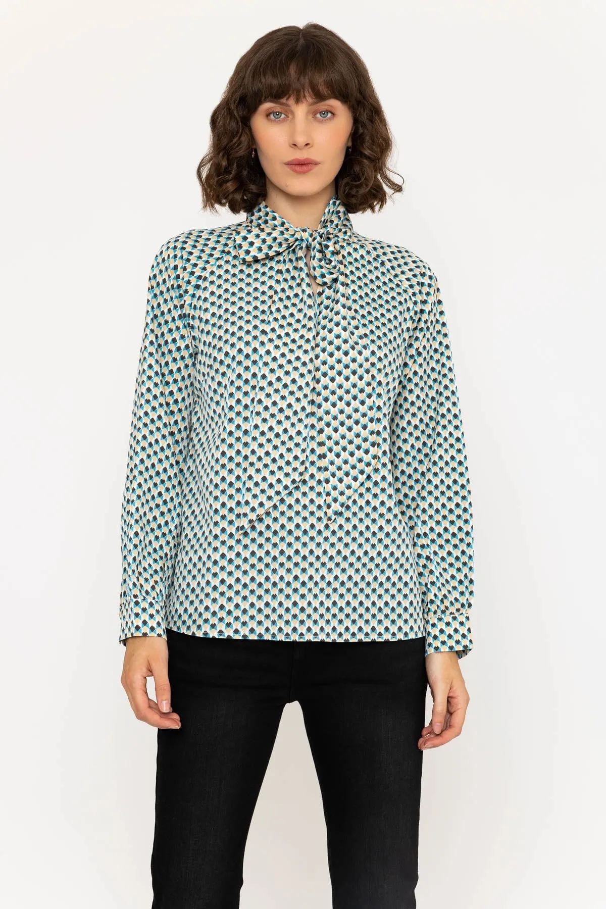 Long Sleeve Blue Geometric Heritage Blouse