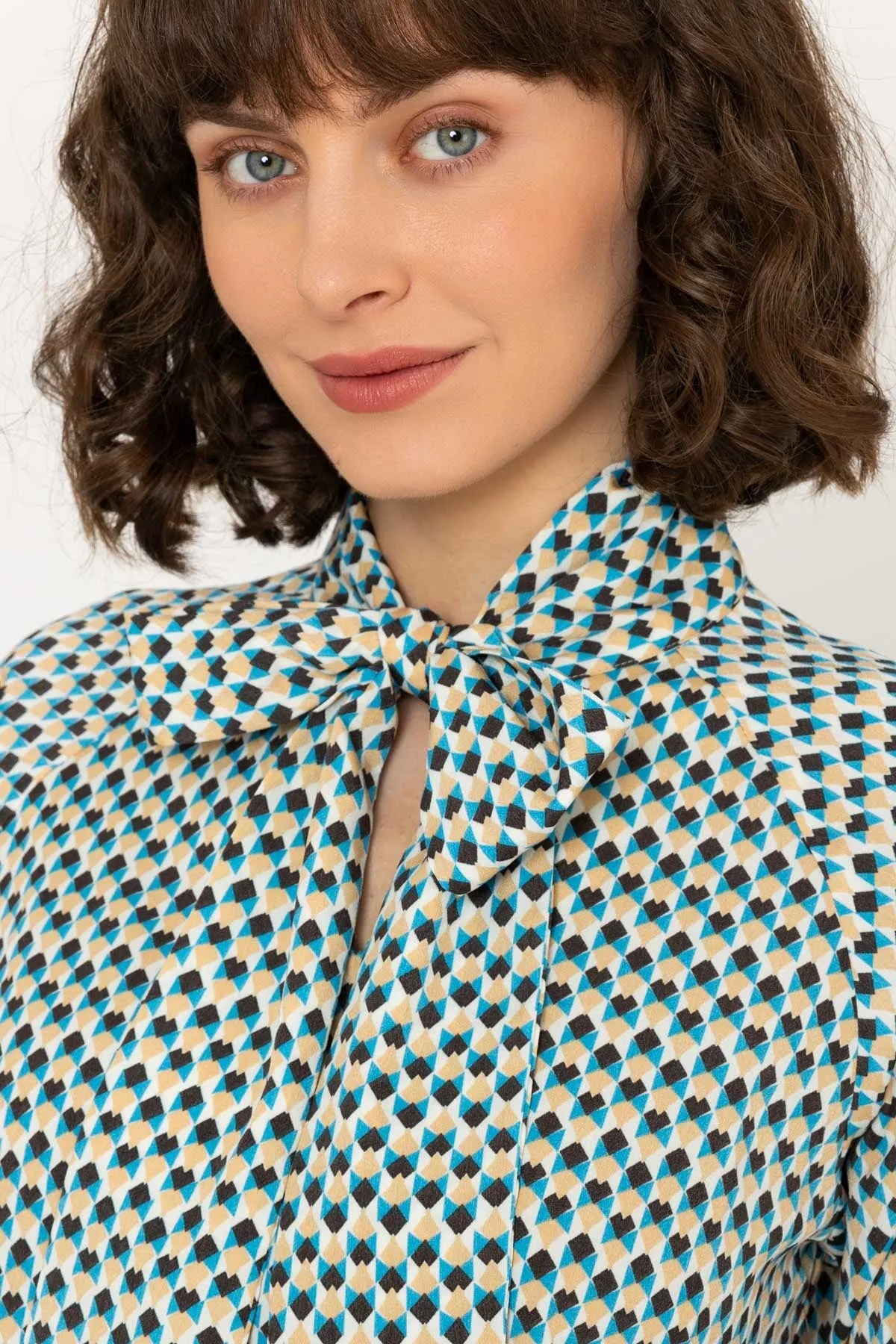 Long Sleeve Blue Geometric Heritage Blouse