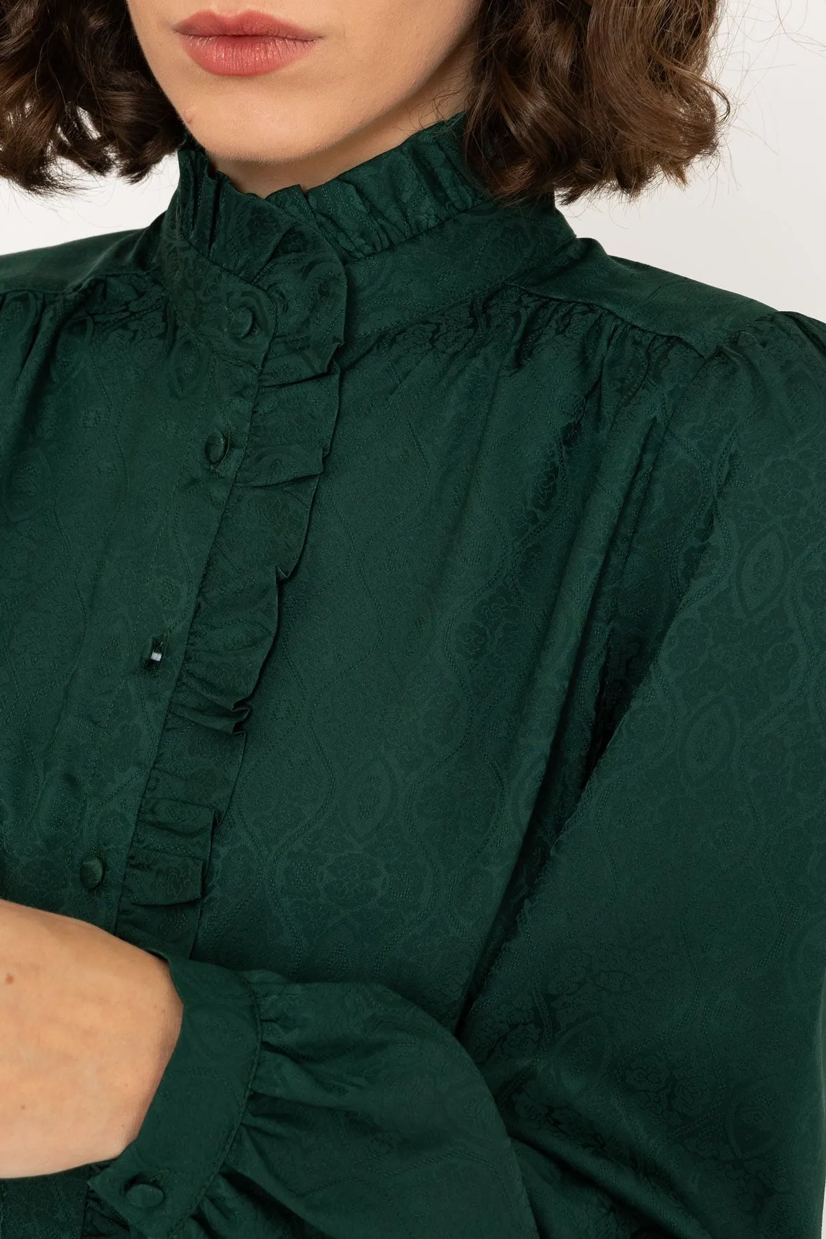 Long Sleeve Jacquard Satin Blouse in Green