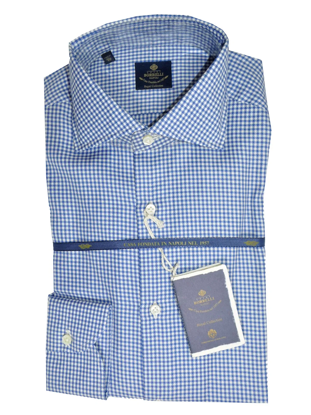 Luigi Borrelli Dress Shirt ROYAL COLLECTION White Royal Blue Check Design 40 - 15 3/4 SALE