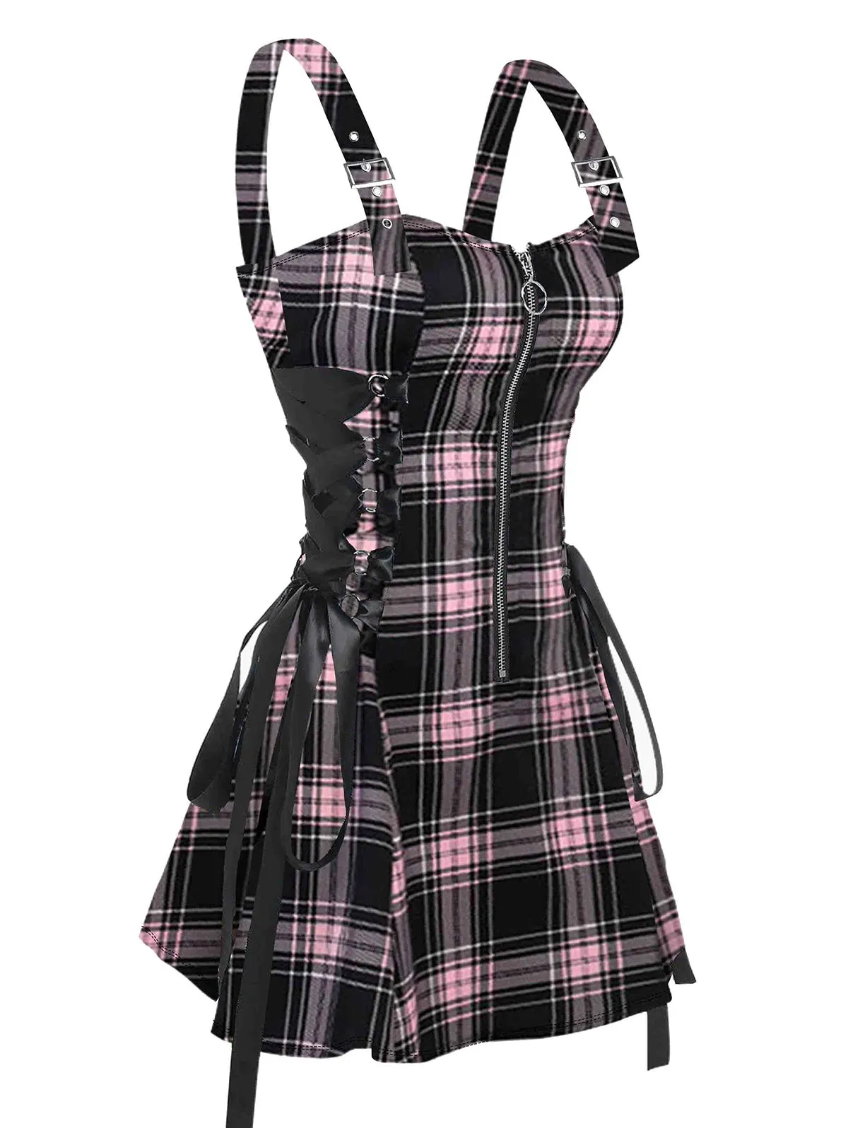 LVSANW 2024 New Womens Mini Dresses Retro Plaid Print Lace Up Dress O Ring Half Zipper Adjustable Buckle Strap Sleeveless Dress