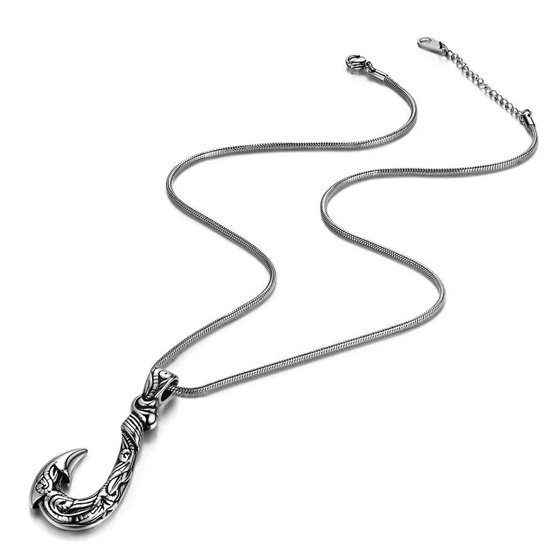 Men Fish Hook Necklace Hawaiian Carved Bone Pendant Jewelry Stainless Steel