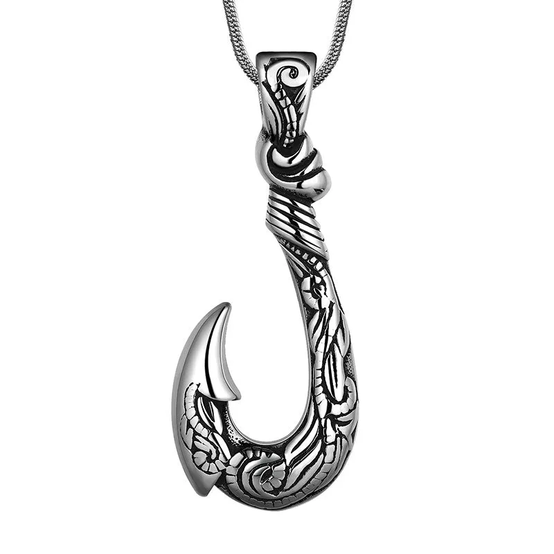 Men Fish Hook Necklace Hawaiian Carved Bone Pendant Jewelry Stainless Steel