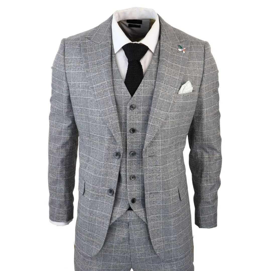 Men's Grey 3 Piece Suit Prince Of Wales Check Formal Business Dress Suits