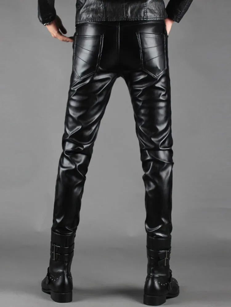 Men's Slim Fit Multi Zip Embellished PU Leather Pants