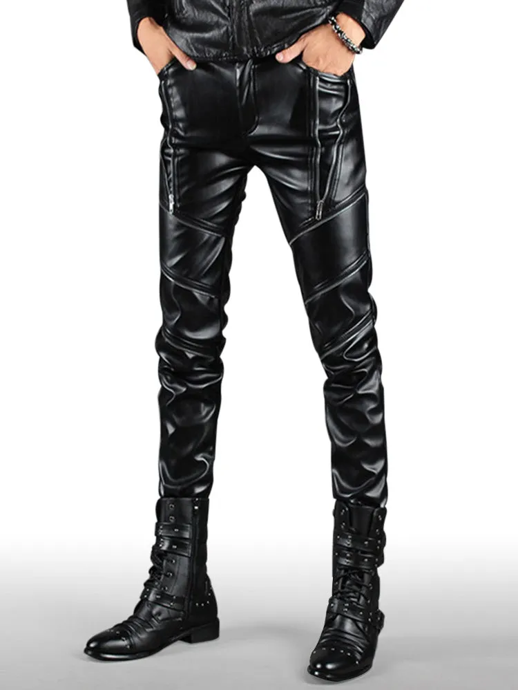 Men's Slim Fit Multi Zip Embellished PU Leather Pants