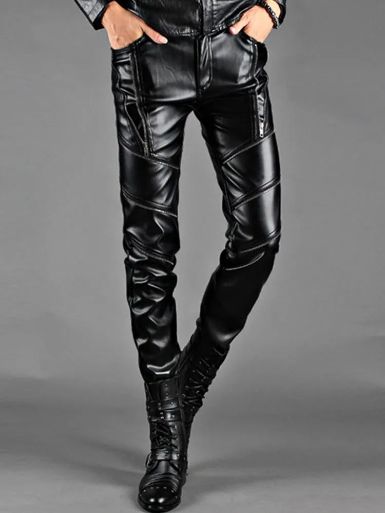 Men's Slim Fit Multi Zip Embellished PU Leather Pants