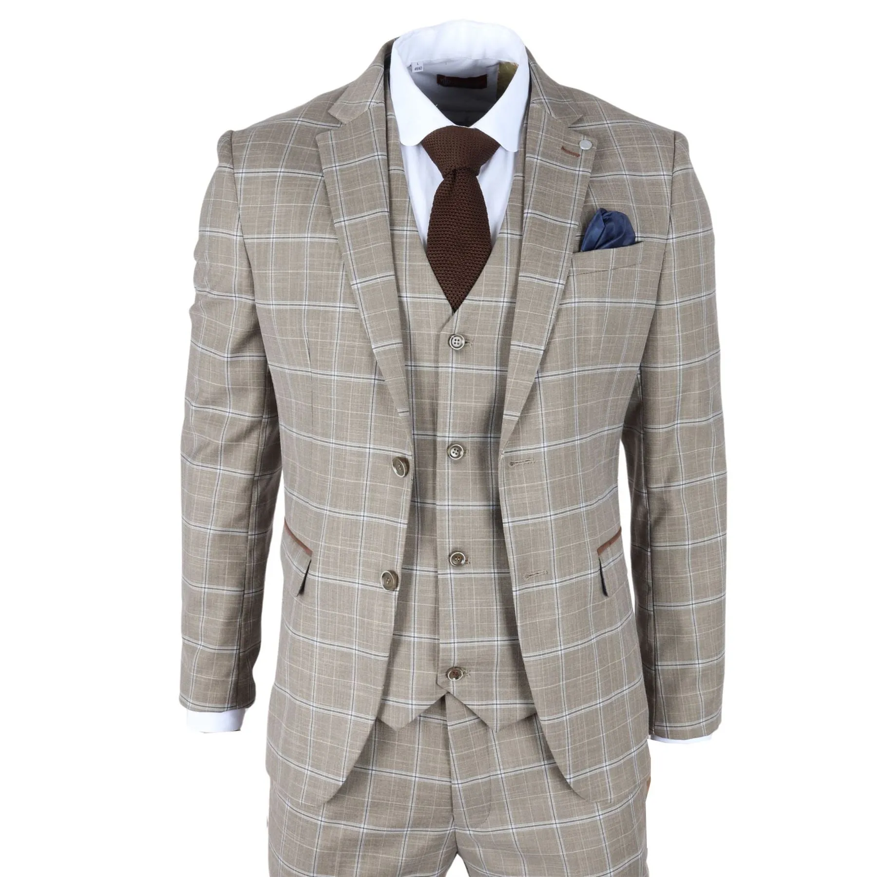 Men's Suit 3 Piece Brown Checked Classic Plaid Tailored Fit Formal Dress