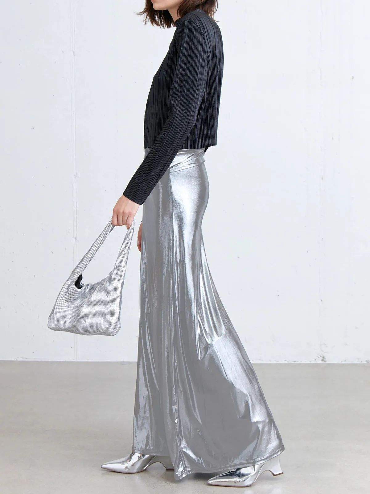 Metallic Silver Graceful Maxi Skirt