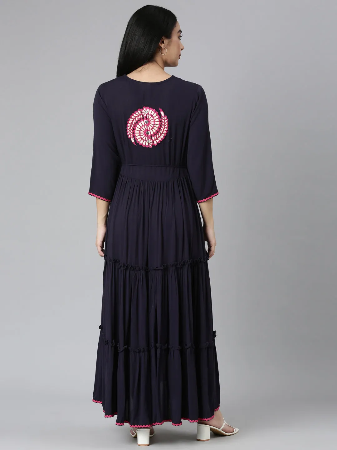 Neerus Navy Blue Flared Casual Solid Maxi Dresses