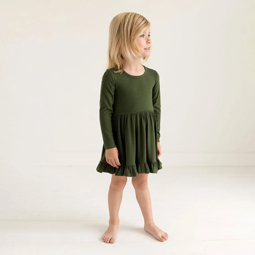 Posh Peanut Solid Pine Ribbed L/S Ruffled Twirl Dress