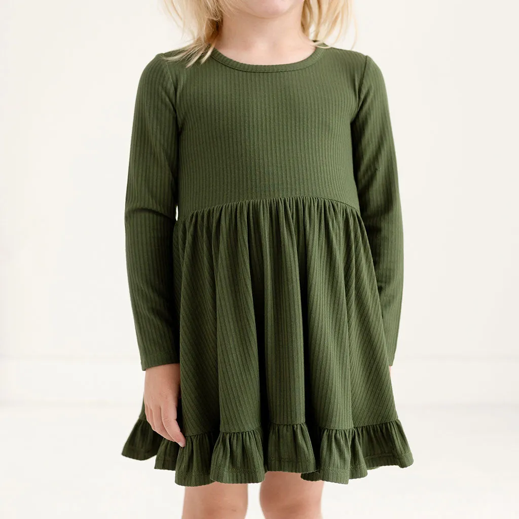 Posh Peanut Solid Pine Ribbed L/S Ruffled Twirl Dress