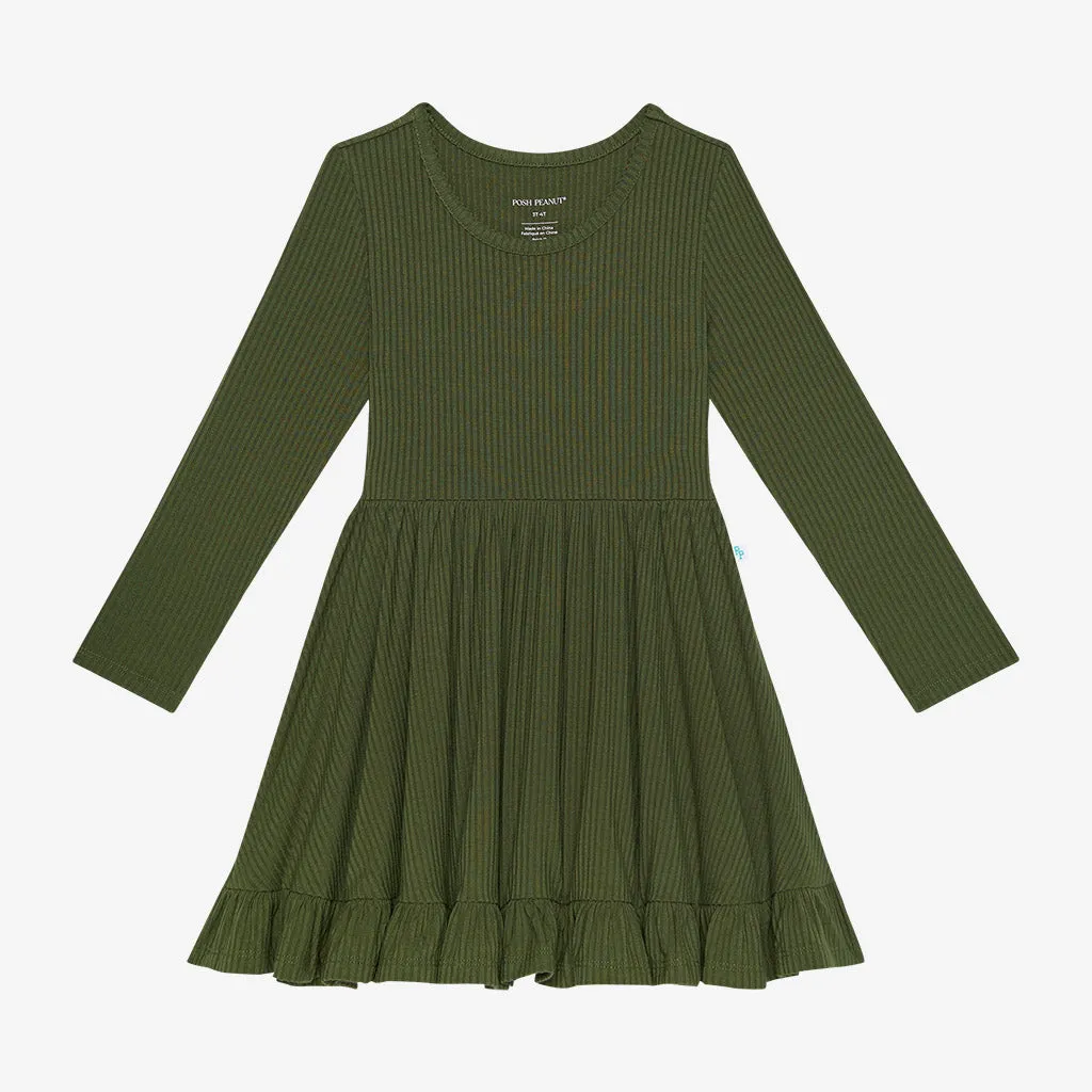 Posh Peanut Solid Pine Ribbed L/S Ruffled Twirl Dress