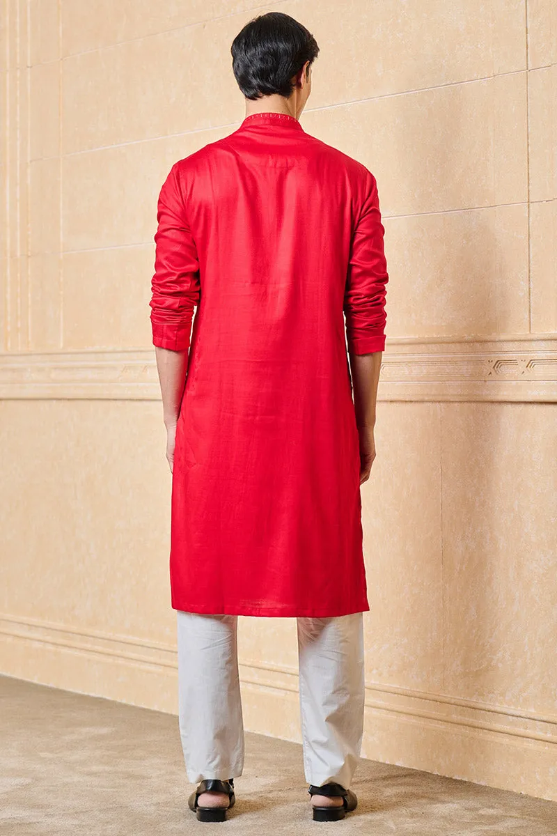 Red Kurta Set With Embroidered Collar