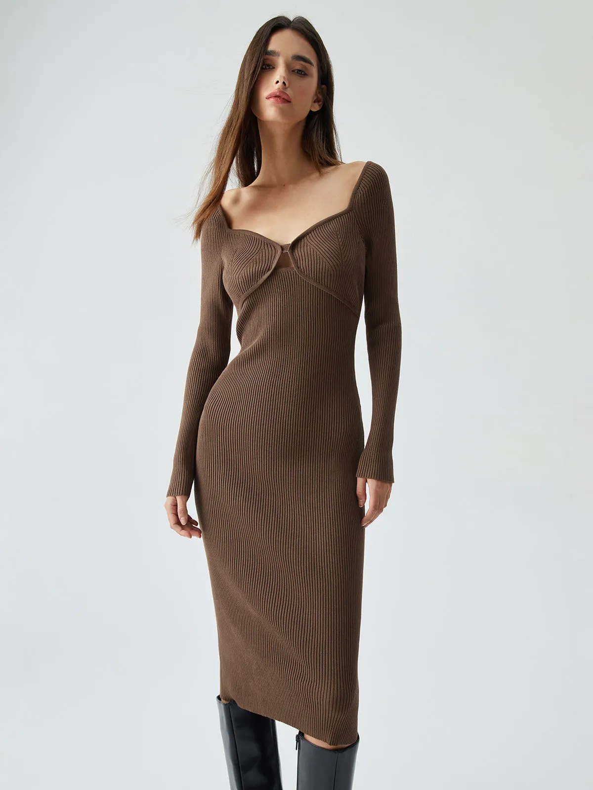 Ribbed Knit Bodycon Trendy Wrap Sweater Midi Dress