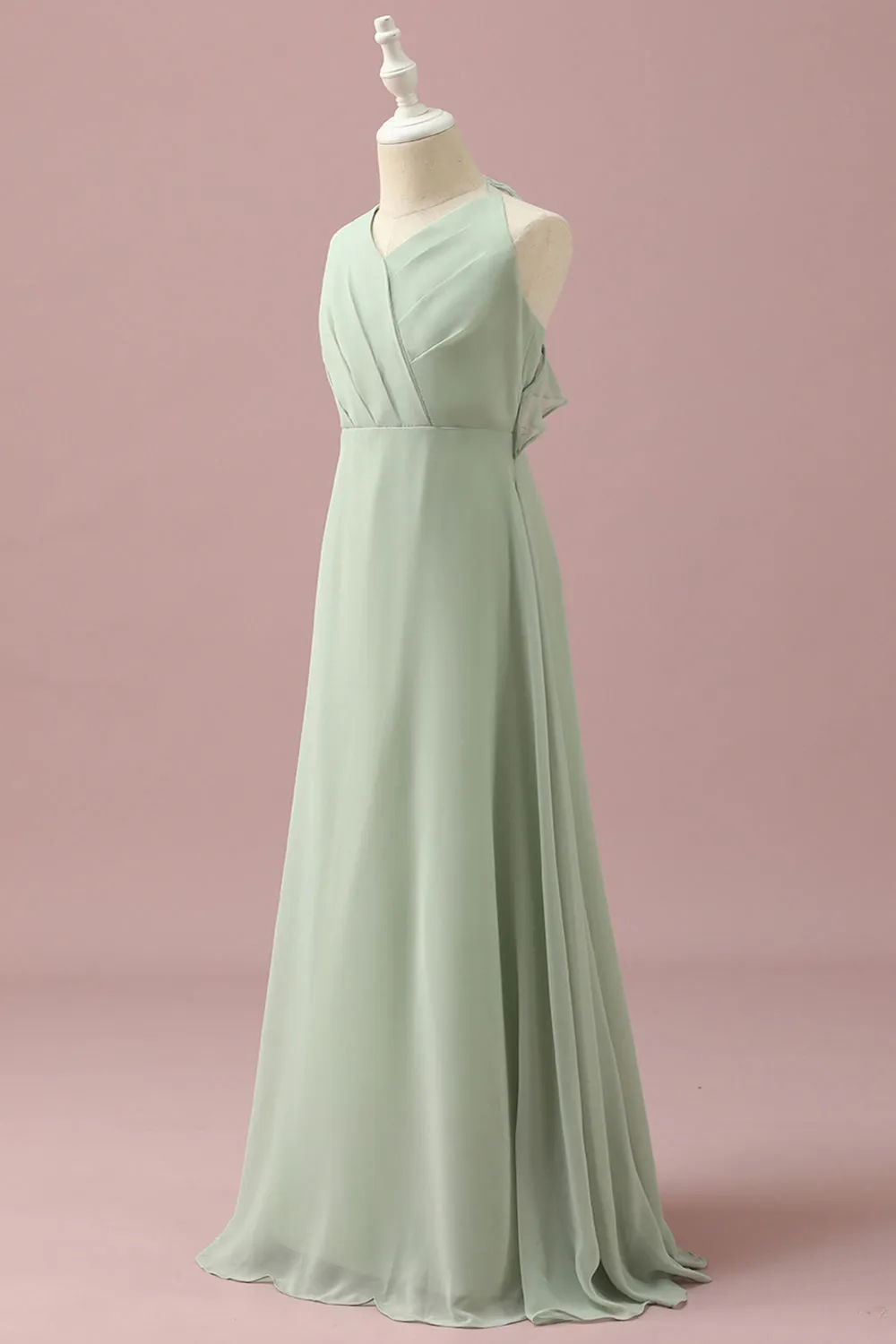 Sage Halter Chiffon A-Line Junior Bridesmaid Dress