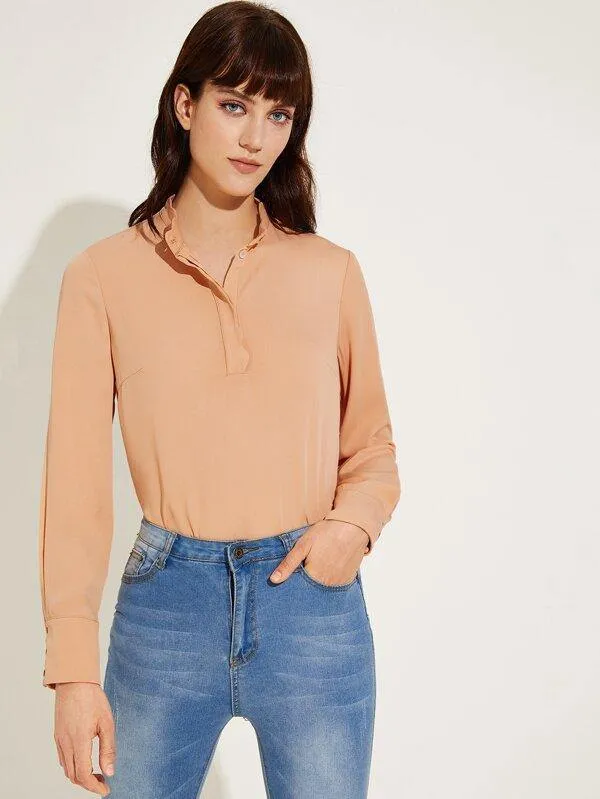 Scallop Collar Hidden Button Half Placket Blouse