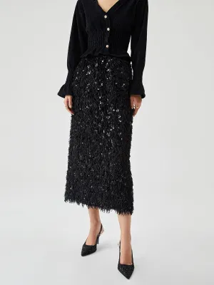 Sequin Feather Graceful Split Long Skirt