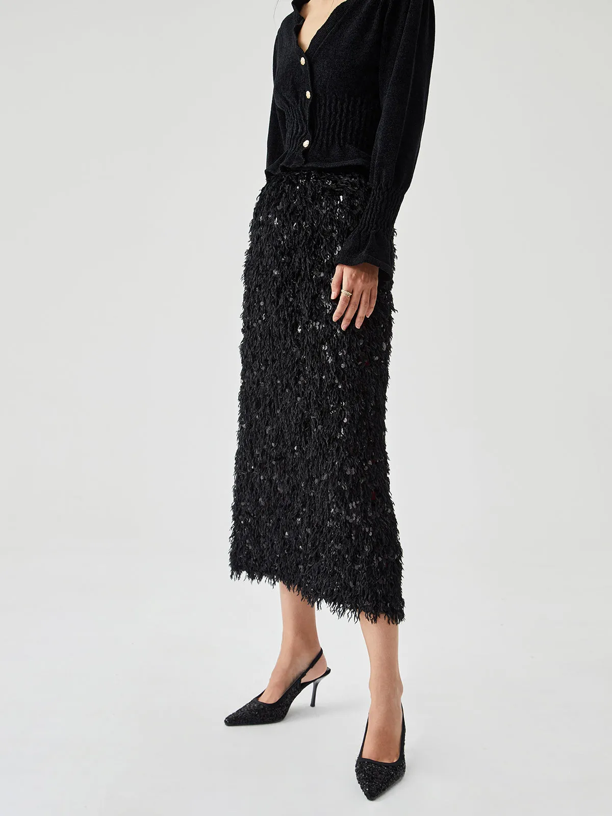 Sequin Feather Graceful Split Long Skirt