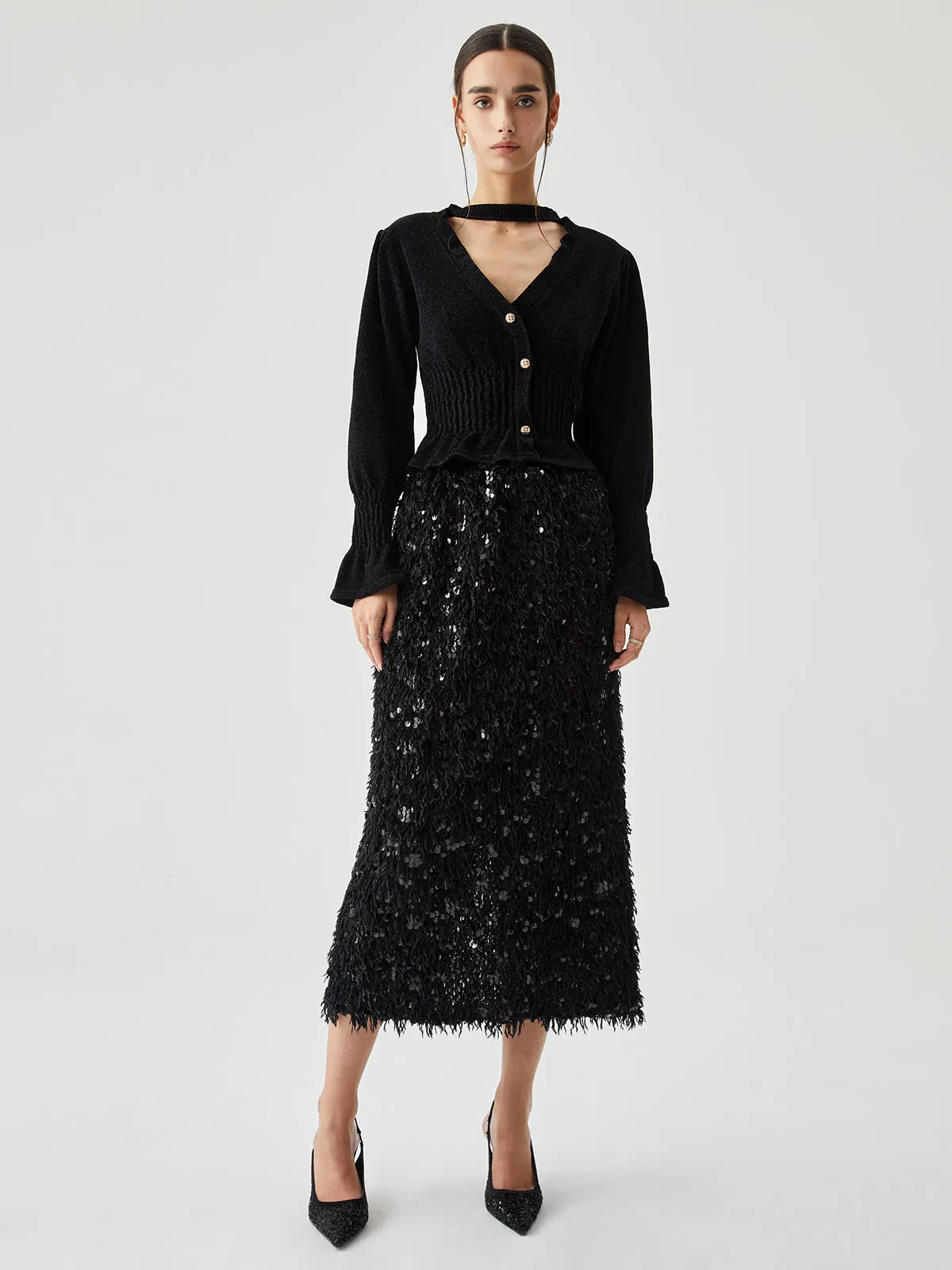 Sequin Feather Graceful Split Long Skirt