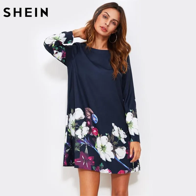 SHEIN Fall Dress Flower Print Flowy Dress Navy Boat Neck Long Sleeve A Line Dress Autumn 2017 Casual Womens Dress