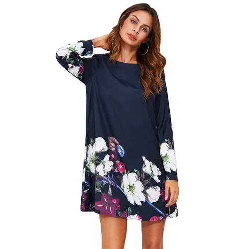 SHEIN Fall Dress Flower Print Flowy Dress Navy Boat Neck Long Sleeve A Line Dress Autumn 2017 Casual Womens Dress