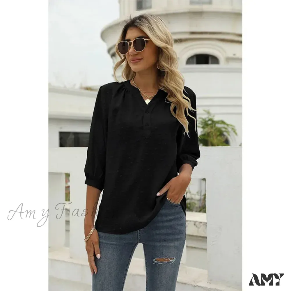 Solid Color Loose Elegant Chic Luxury V-Neck Female Summer Top Blouses