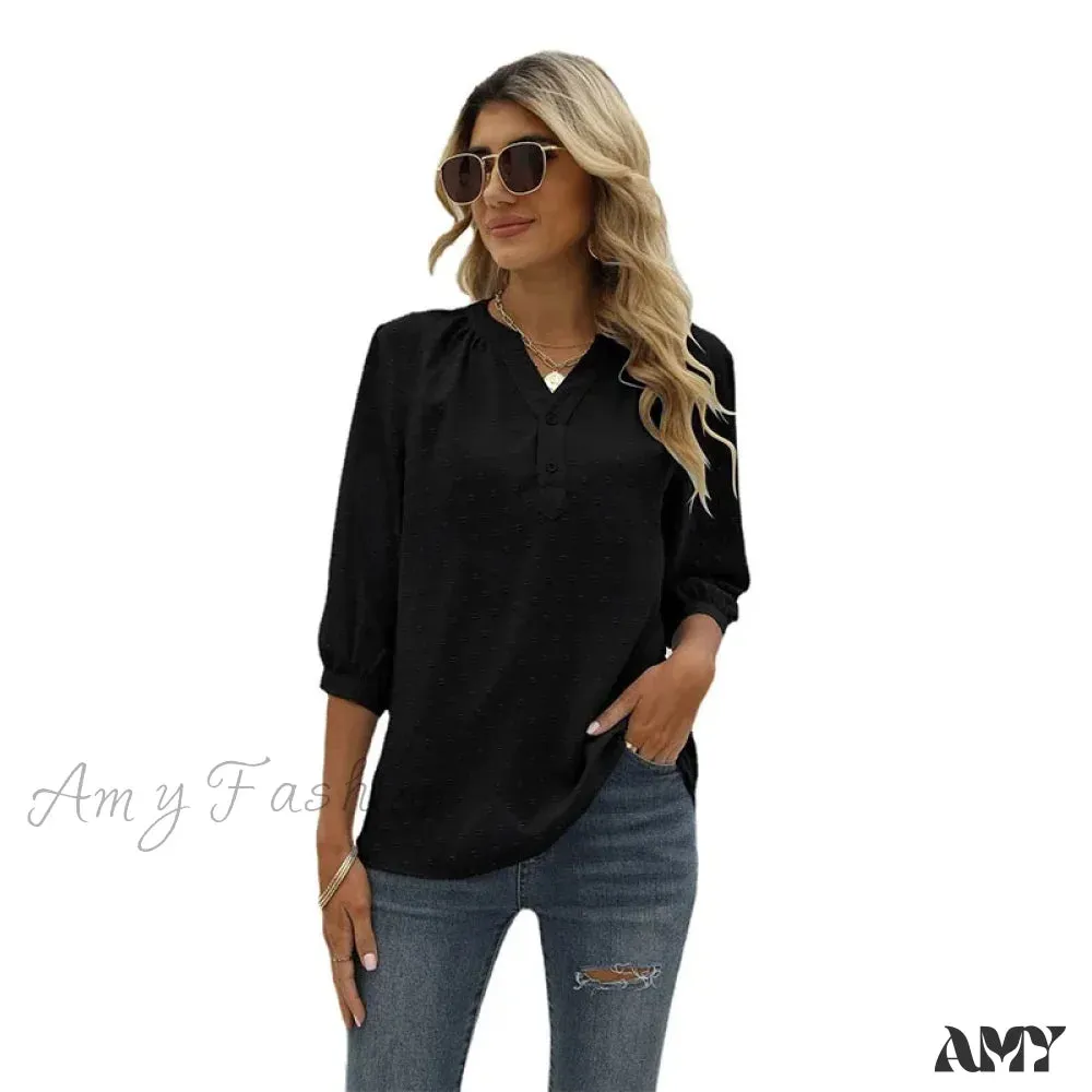 Solid Color Loose Elegant Chic Luxury V-Neck Female Summer Top Blouses