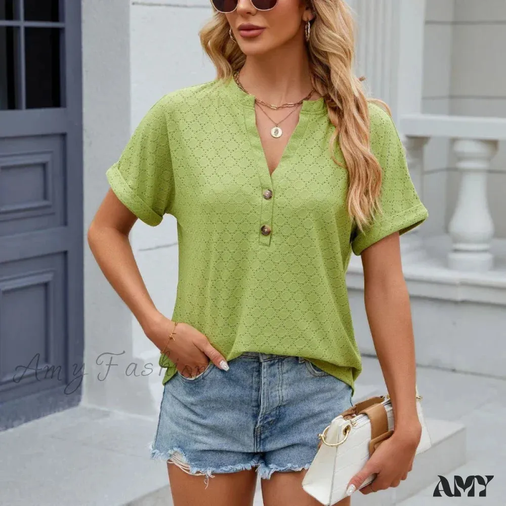 Solid Color Loose Fashion Summer Elegant Luxury V-Neck Female Top Blouses