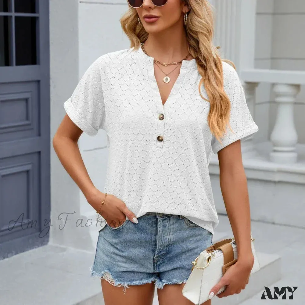 Solid Color Loose Fashion Summer Elegant Luxury V-Neck Female Top Blouses