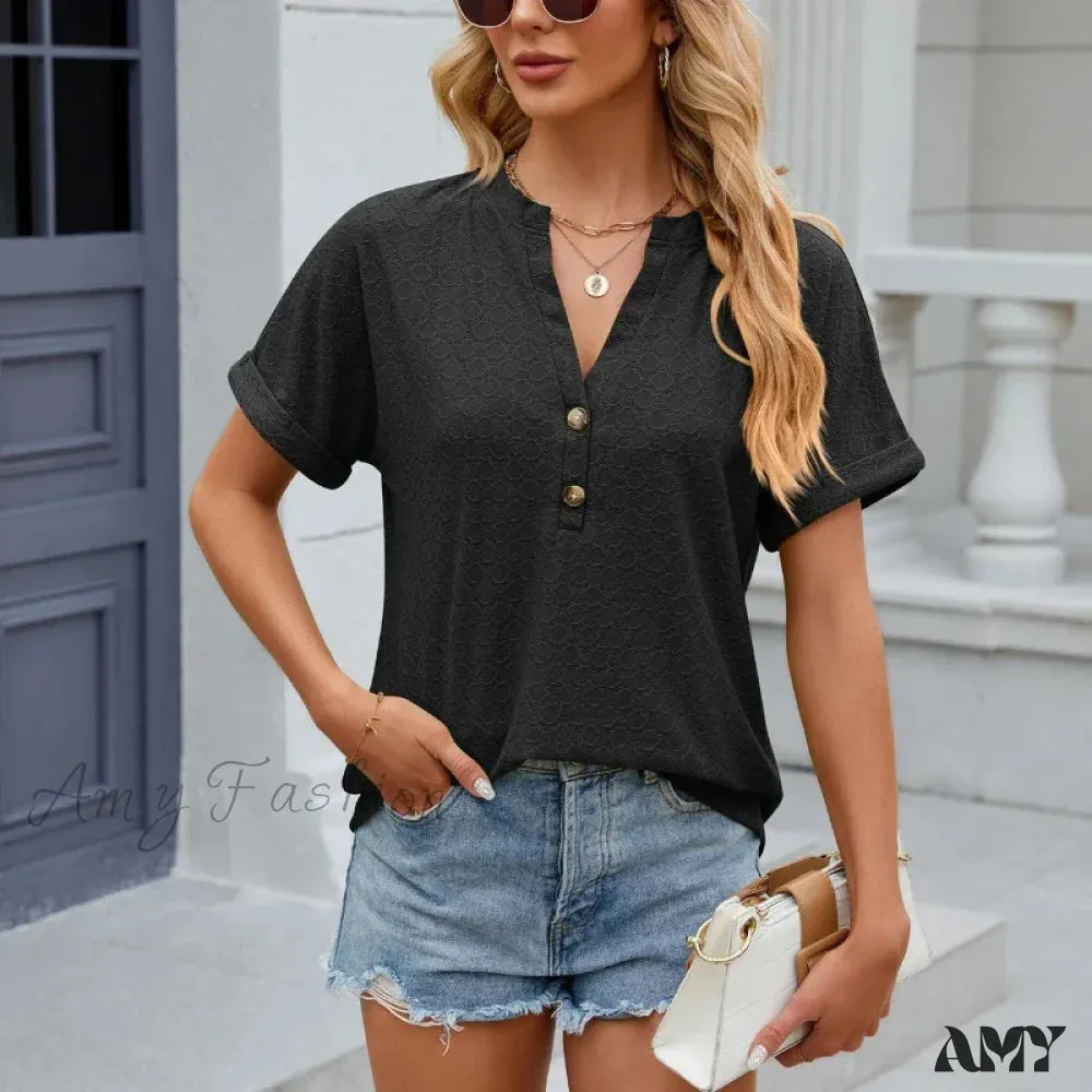 Solid Color Loose Fashion Summer Elegant Luxury V-Neck Female Top Blouses