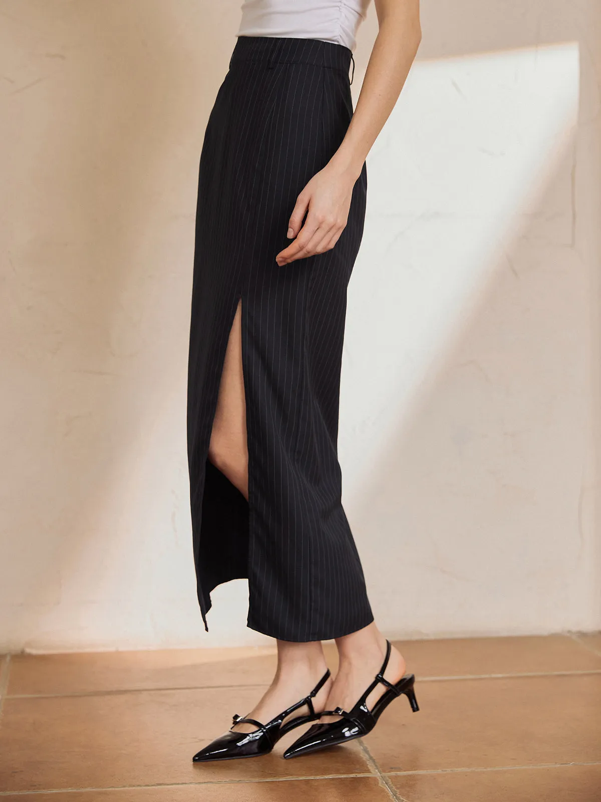 Solid Stripe Graceful Split Maxi Skirt