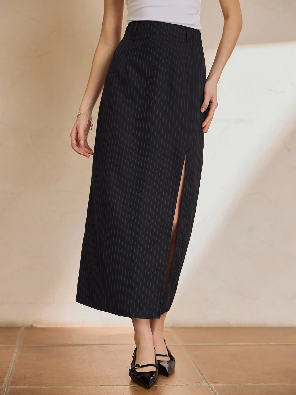 Solid Stripe Graceful Split Maxi Skirt