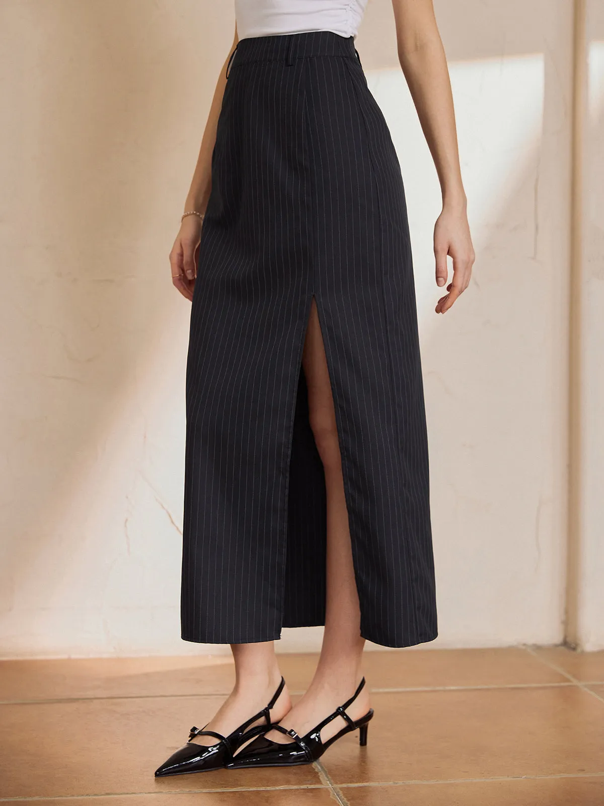 Solid Stripe Graceful Split Maxi Skirt