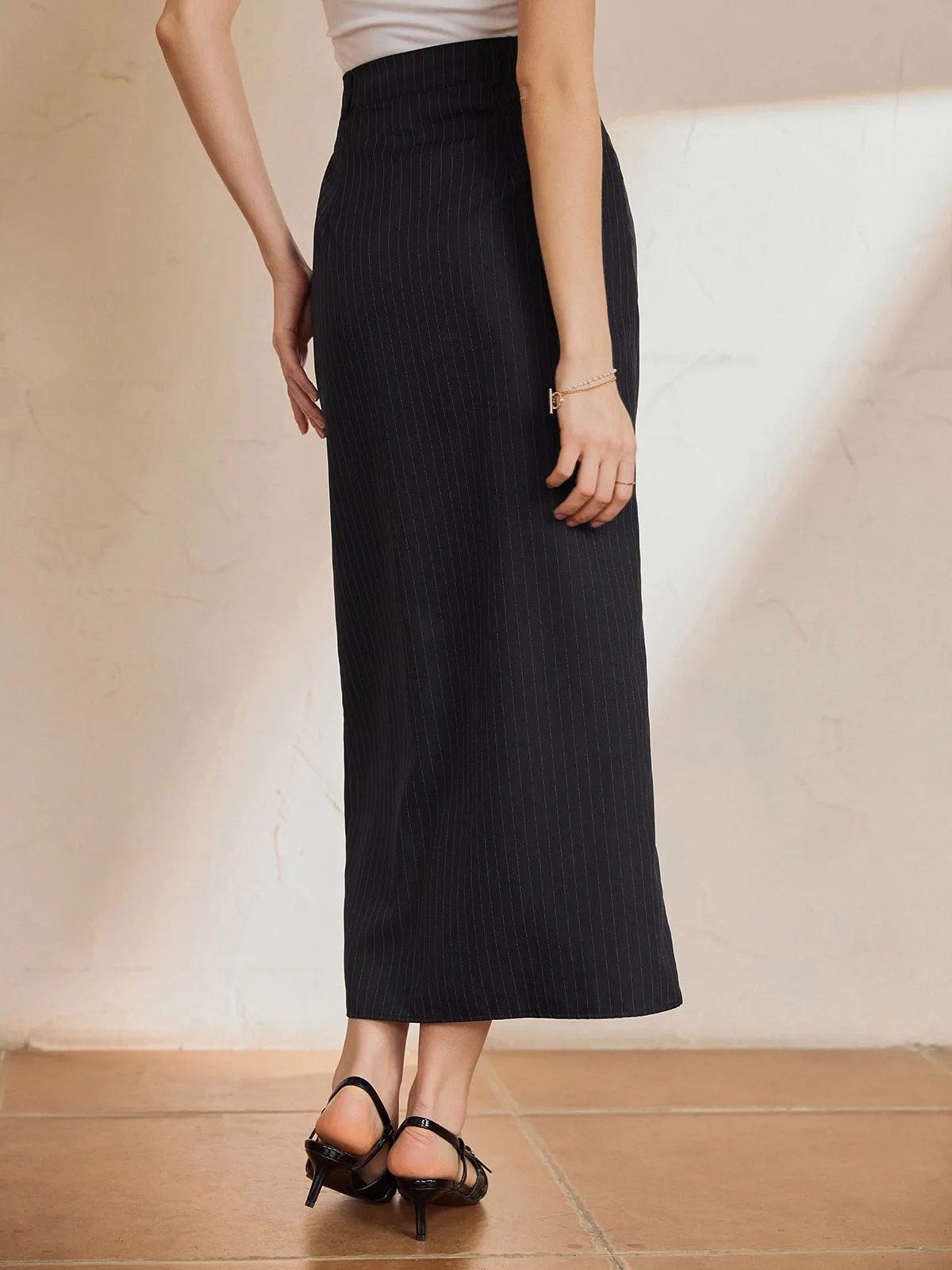 Solid Stripe Graceful Split Maxi Skirt