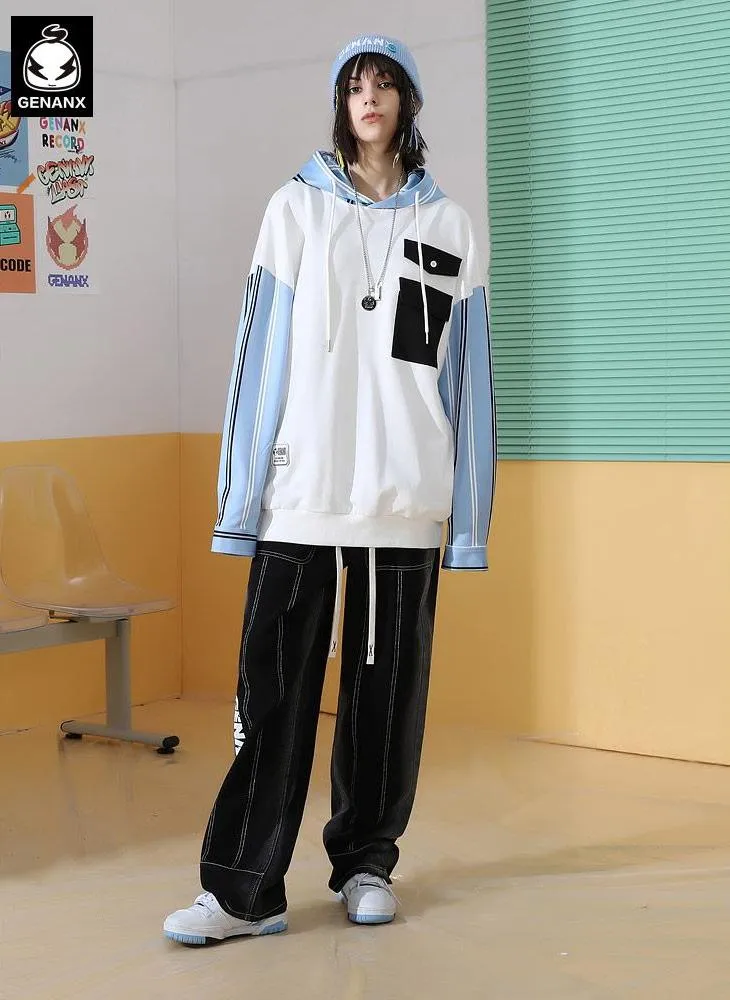 Stripe Color Block Drop-Shoulder Sleeve Hoodies