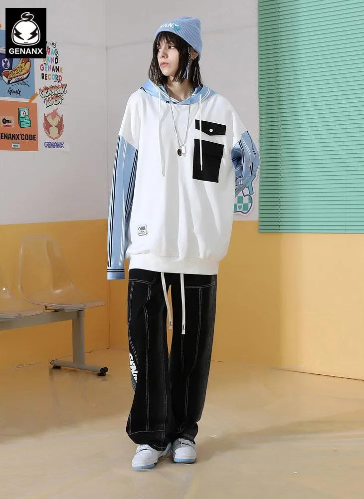 Stripe Color Block Drop-Shoulder Sleeve Hoodies