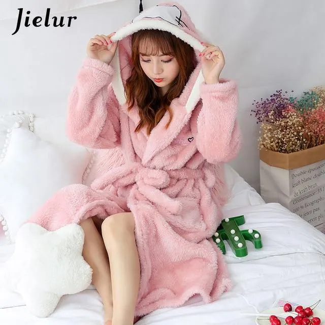 Super Comfortable Coral Velvet Bathrobe Women Warm Hooded Robe